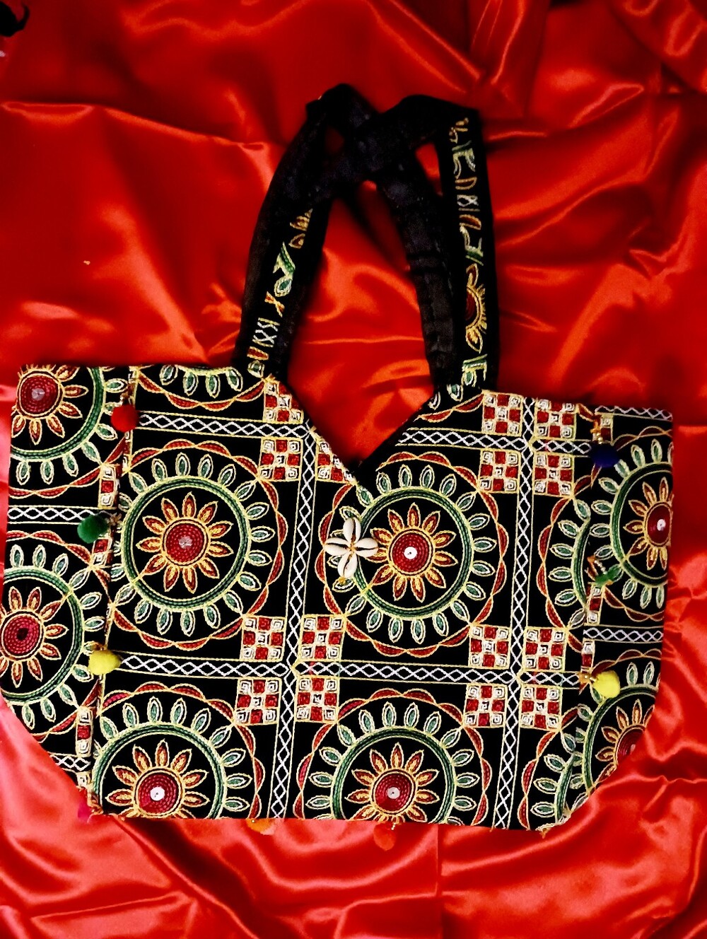 Embroidered Black Tote Bag with Multicolor Floral Motif